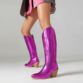 IPPEUM розови каубойски ботуши жени коляното, високи токчета, с остър нос обувки Западна овчарка метални ботуши