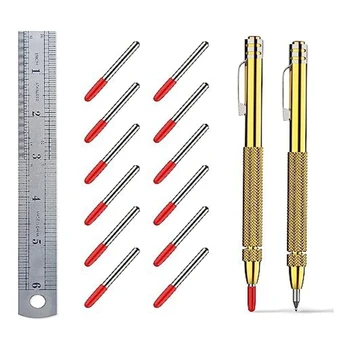 2 опаковки чертилки от волфрамов карбид с магнит, с допълнително връх за маркиране на 12 части и 6-инчов линия за метални листа.