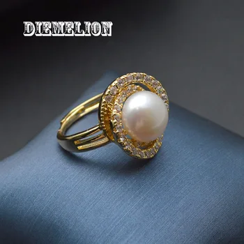 Пръстени от естествени сладководни перли, със злато 14 К, пълно брилянтният пръстен с фианитами, регулируема халка на пръста си, за жени, сватбени декорации за годеж