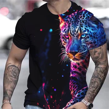 Мъжка тениска с 3D леопардовым принтом, Модни лятна тениска с домашен любимец модел, Ежедневни тениска с кръгло деколте и къс ръкав в стил хип-хоп Harajuku, Голяма топ