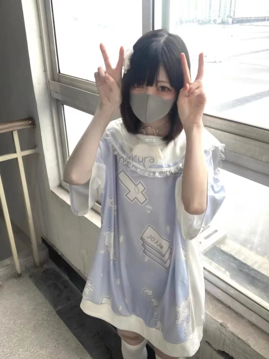 Азиатската култура Y2k, Японската серия на Angel Mine, тениска с принтом матросского яка, Дамски Свободна Скъпа мека тениска с къс ръкав за момичета, топ