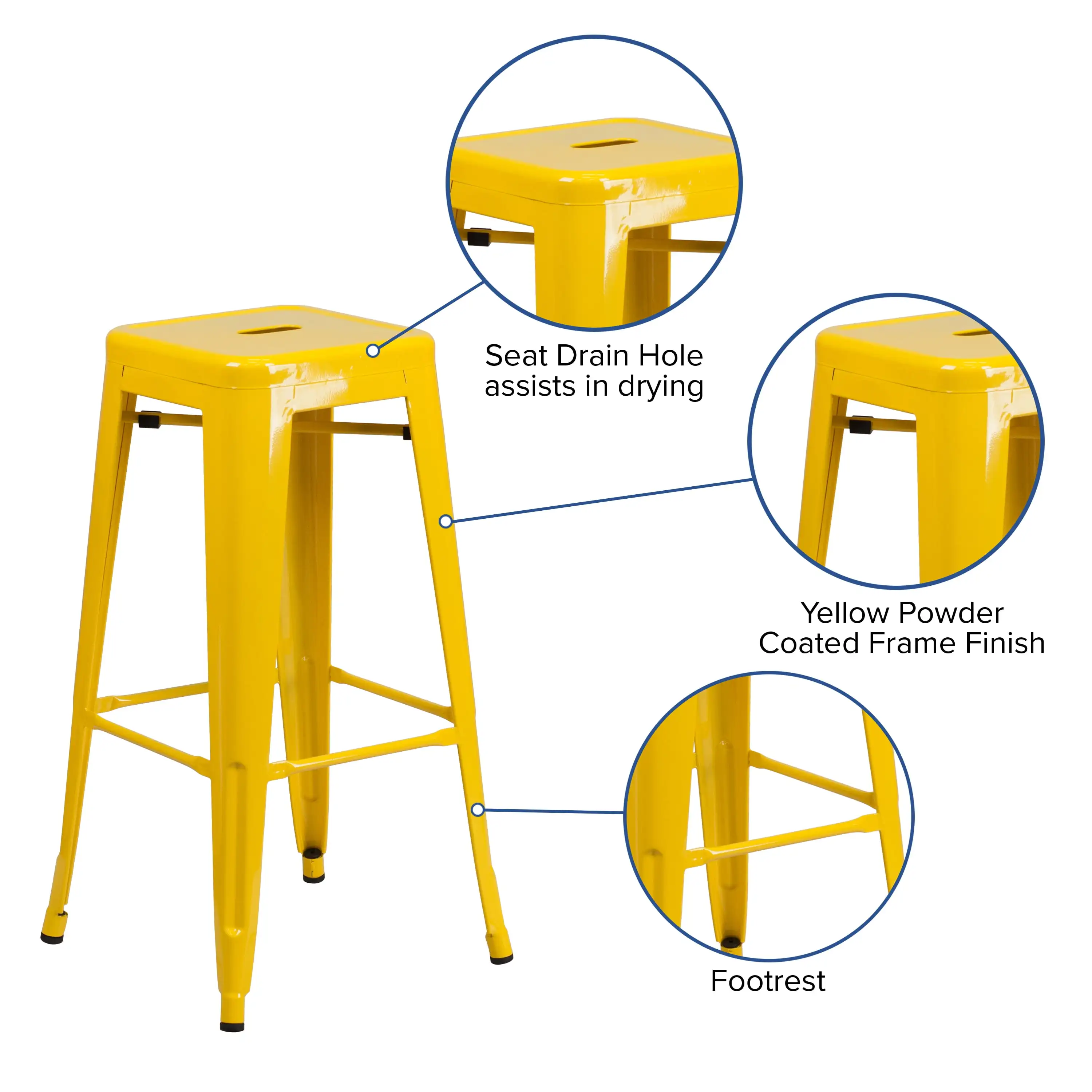 Бар стол за вътрешна и външна употреба от жълт метал, с висока облегалка 30 инча за мебели Flash с квадратна седалка