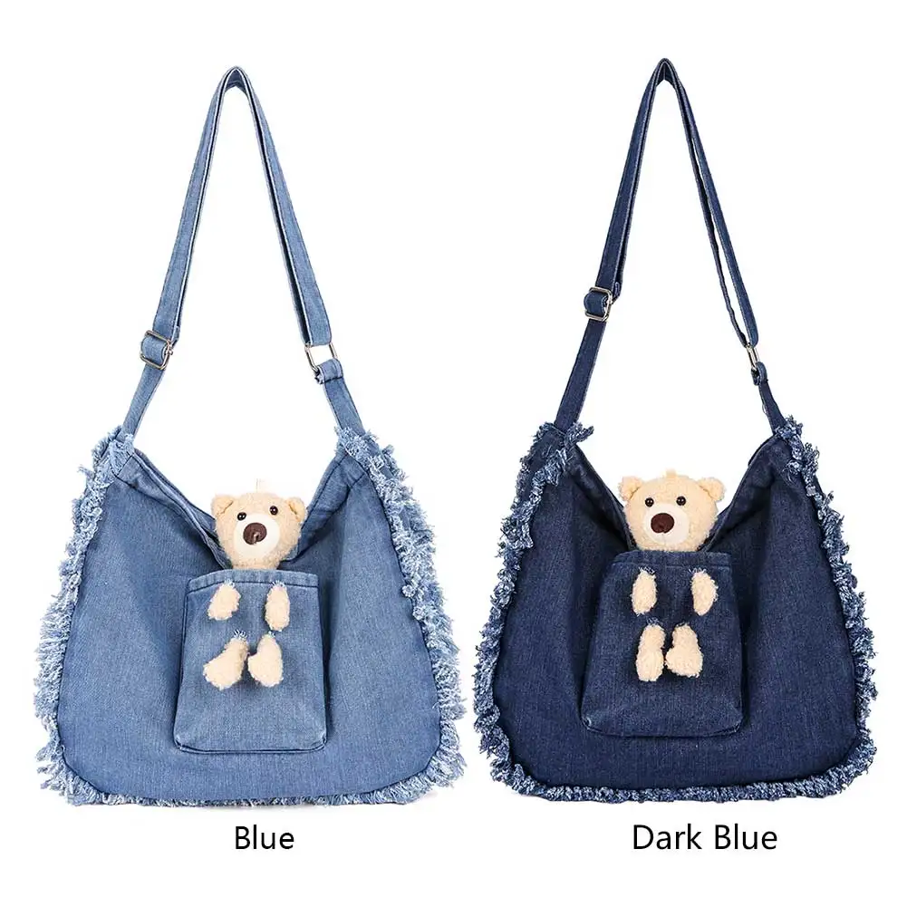 Дамска чанта с пискюли, Дънкови и Ежедневни чанти-прашка с мини-мечка, Голяма Голям Ежедневни работна чанта за пазаруване