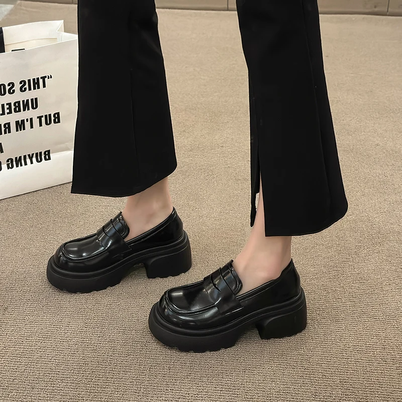 Дамски обувки в стил Дерби, Сабо, без закопчалка с кръгла пръсти в Британския стил, Есенни ежедневни дамски обувки на платформа, кожени обувки на плоска подметка с отворени пръсти