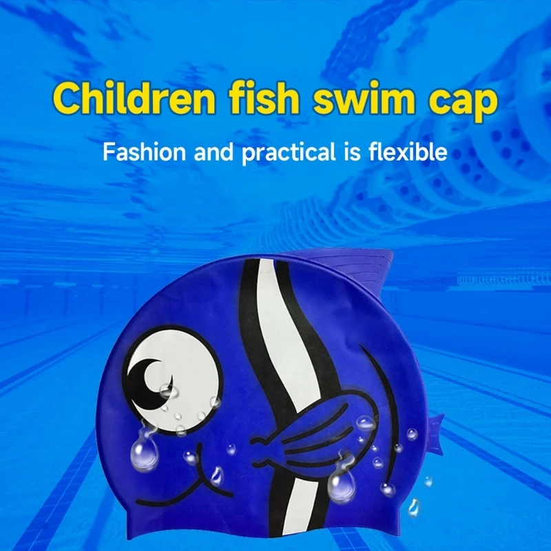 Детска шапка за плуване във форма карикатура риба, силиконова шапка за плуване, удобни плувни шапки за водни спортове 69HD, висока еластичност