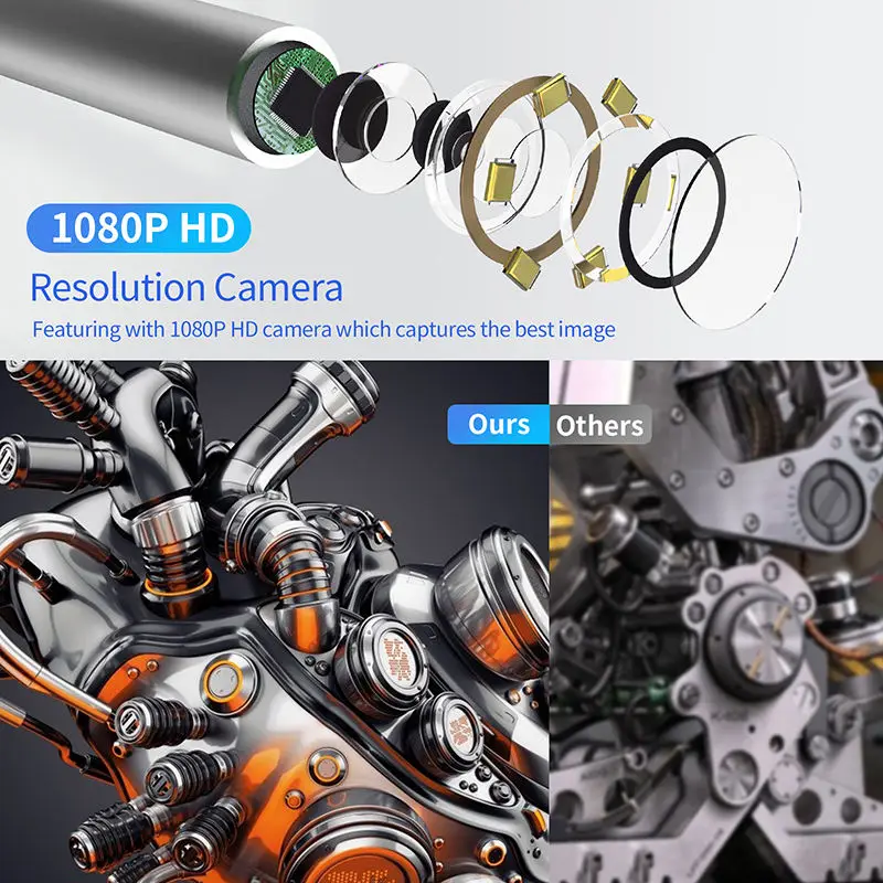 Индустриална Ендоскопска камера 2,4-инчов IPS Екран HD1080P Твърд кабелен бороскоп за разглеждане на канализация IP68 Водоустойчив 8 мм