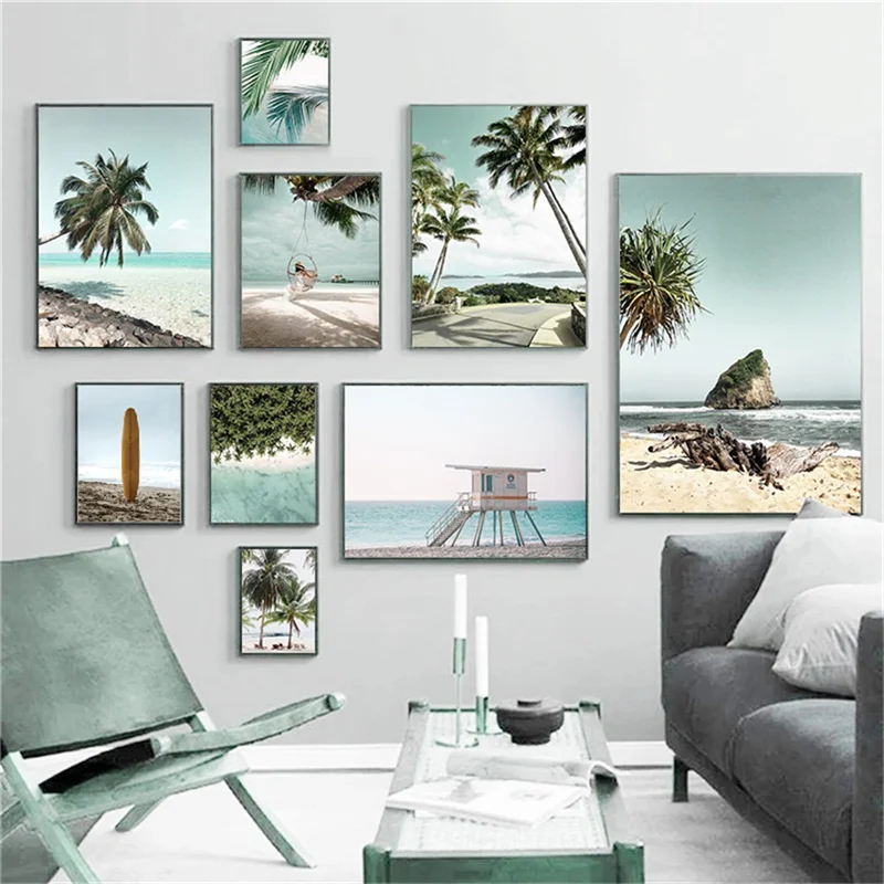 Картина върху платно в Скандинавски стил, Плакат със Син плажен пейзаж, Тропическа Палма, Синьото небе, Боядисване с ананас, Яхта, Украса на хотела