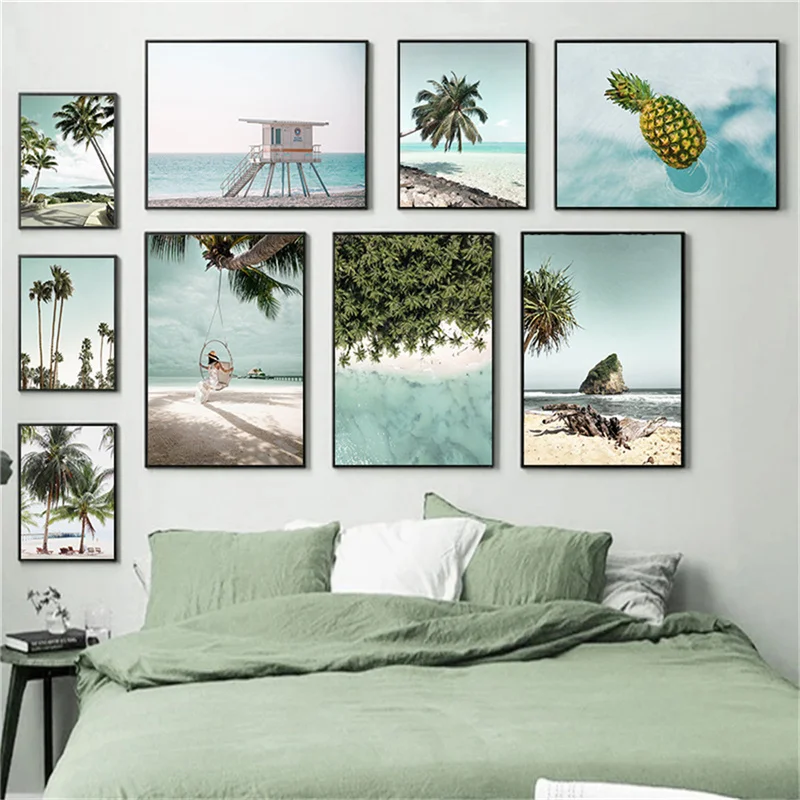 Картина върху платно в Скандинавски стил, Плакат със Син плажен пейзаж, Тропическа Палма, Синьото небе, Боядисване с ананас, Яхта, Украса на хотела