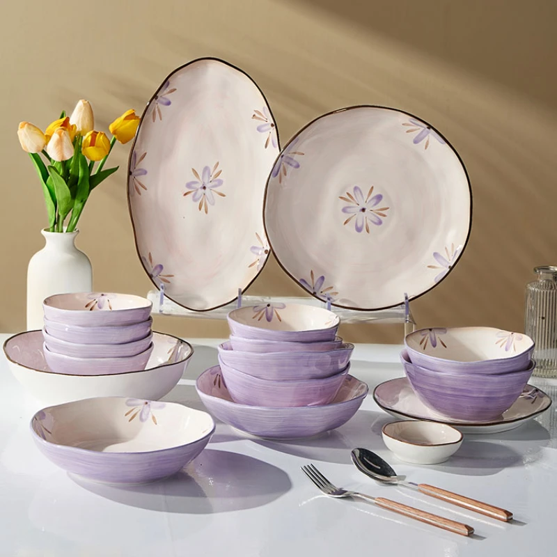 Керамични съдове с лилаво цвете, Комплект за хранене, чинии и комплекти, керамична чиния с ръчно рисувани