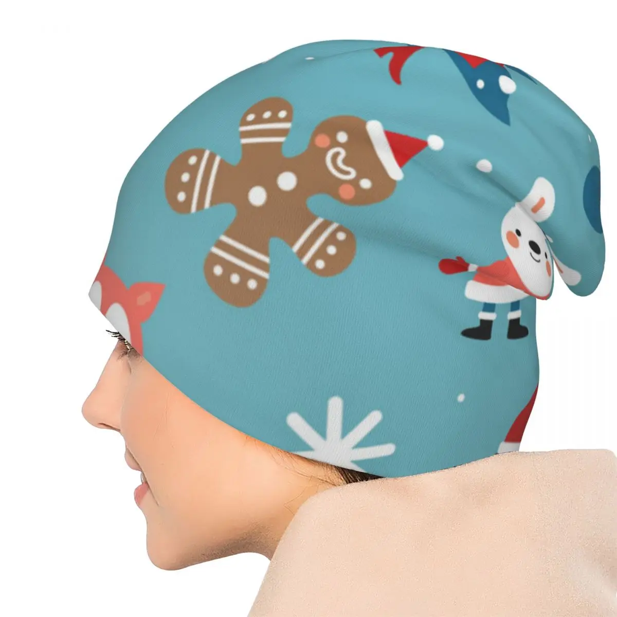 Коледни герои, модел Санта Сладкиши, Стилна еластична вязаная шапчица-бини с припокриване, богат на функции шапка с череп, шапка за мъже и жени