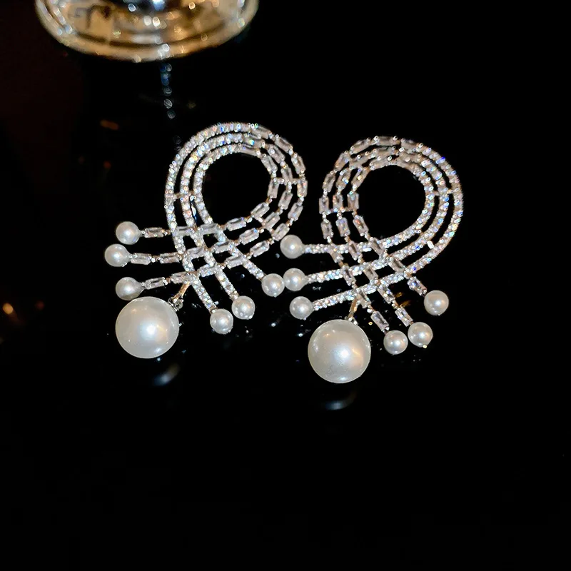 Корейски модни обеци с геометричен перли-капелькой от цирконий за жени, леки луксозни универсални вечерни украса