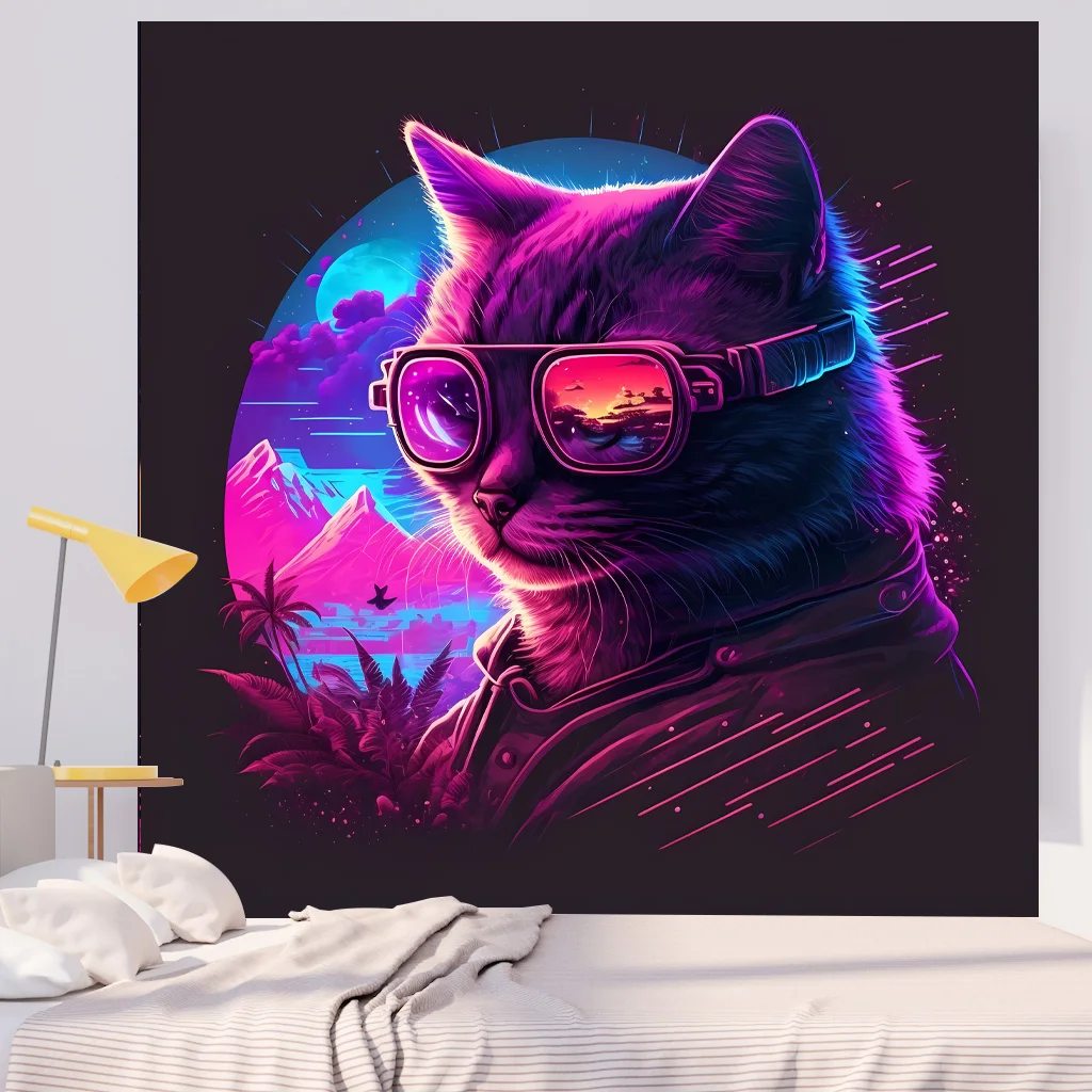 Котка Флуоресцентно Гоблен Естетически плакат Подвесная плат Домашна стая Кошмарен украса на стена