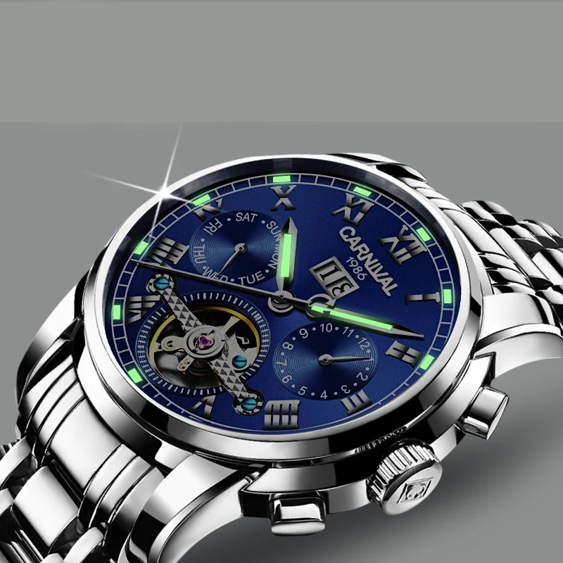 Луксозни Механични часовници Carnival с Турбийоном от марката Tourbillon за мъже, Модерен Бизнес мъжки часовник от неръждаема Стомана, Водоустойчив, светещи