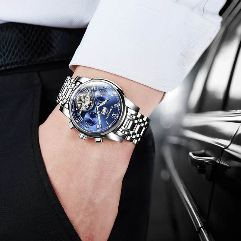 Луксозни Механични часовници Carnival с Турбийоном от марката Tourbillon за мъже, Модерен Бизнес мъжки часовник от неръждаема Стомана, Водоустойчив, светещи