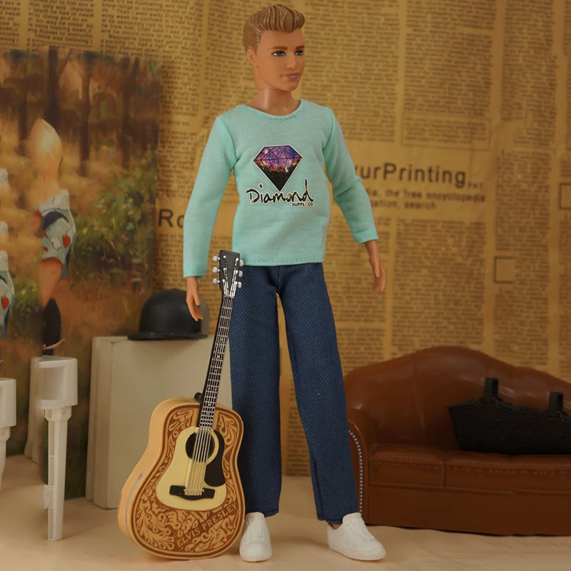 Мятно-зелен топ с дълги ръкави, Дълги дънкови панталони за кукли Кен, Комплекти дрехи за приятеля на Барби, Аксесоари за куклата Кен