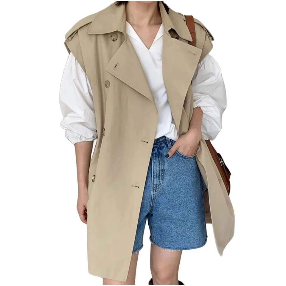 Нов дизайн, дамски корейската мода, отложной яка, двубортный тренч средна дължина, жилетката, палтото ГСМ
