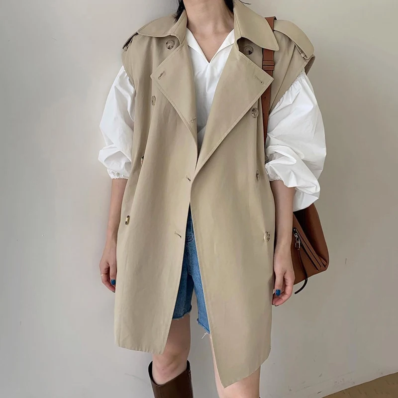 Нов дизайн, дамски корейската мода, отложной яка, двубортный тренч средна дължина, жилетката, палтото ГСМ