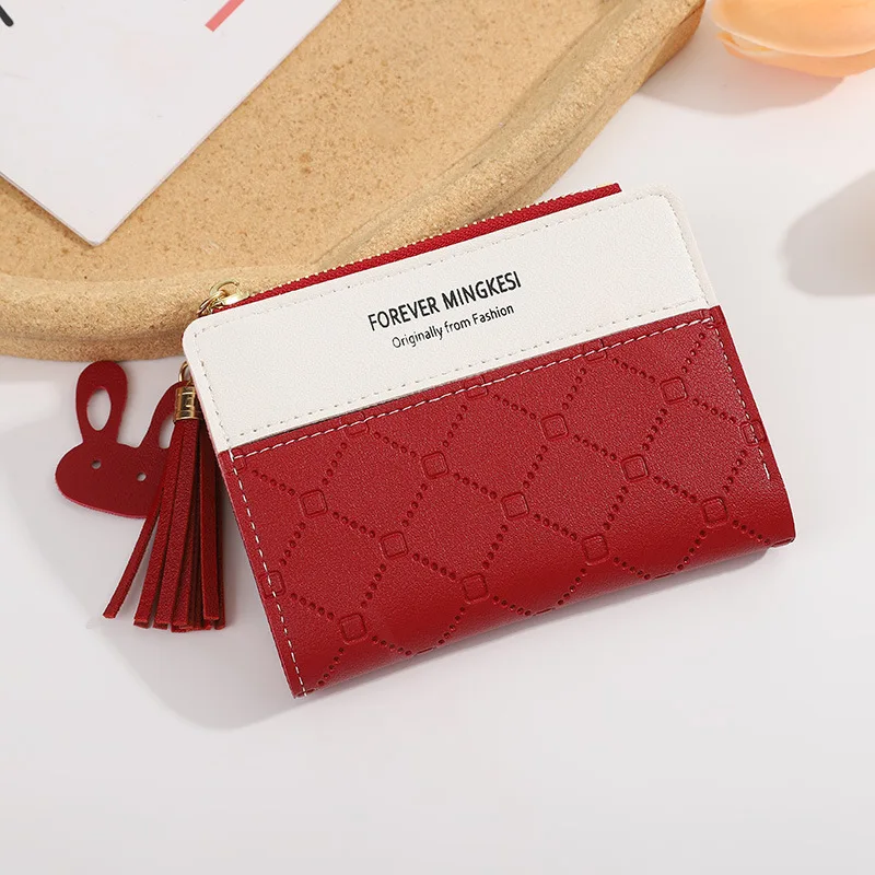Нова малка дамска чанта с къса скоба за пари с цип, студентски корейската версия, релефно чантата си в контрастен цвят с пискюли в стил мозайка, чанта за карти