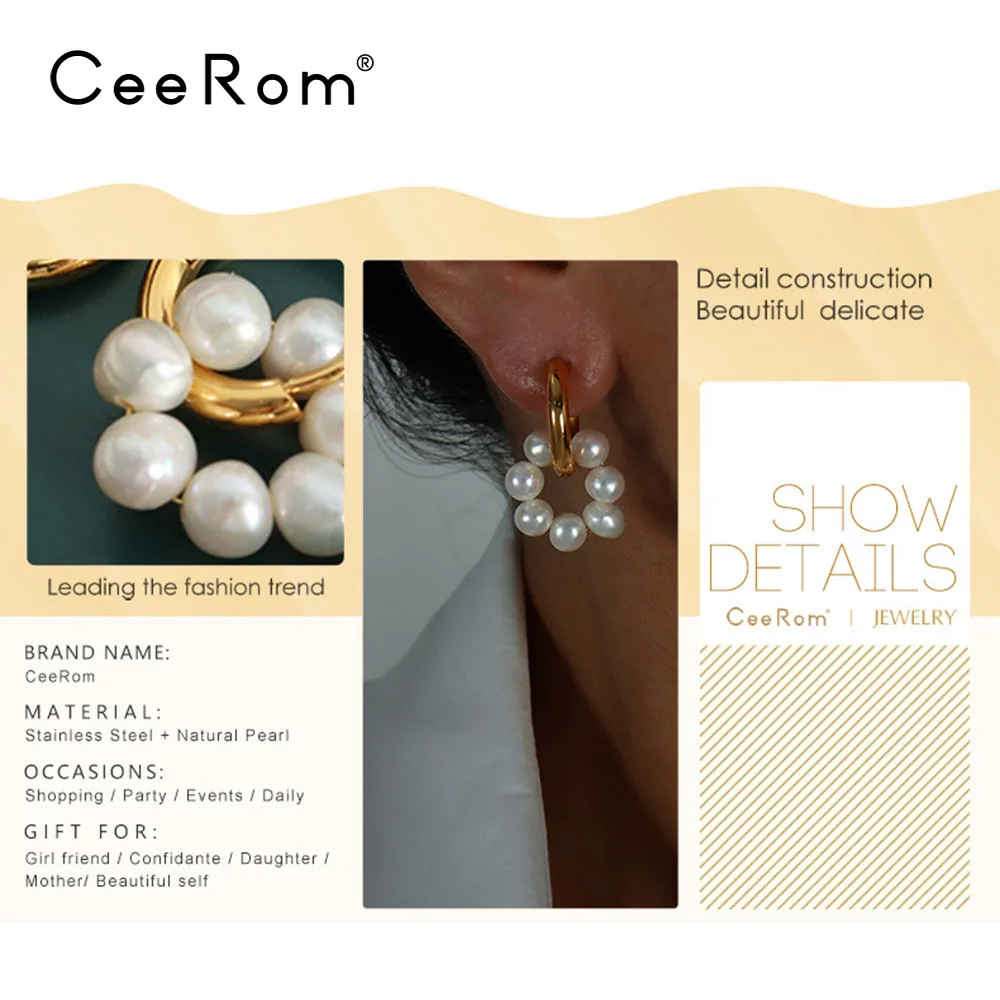 Обеци с естествени перли CeeRom За жени, обеци от неръждаема стомана Златист цвят, Модни бижута, Подарък за Окачване