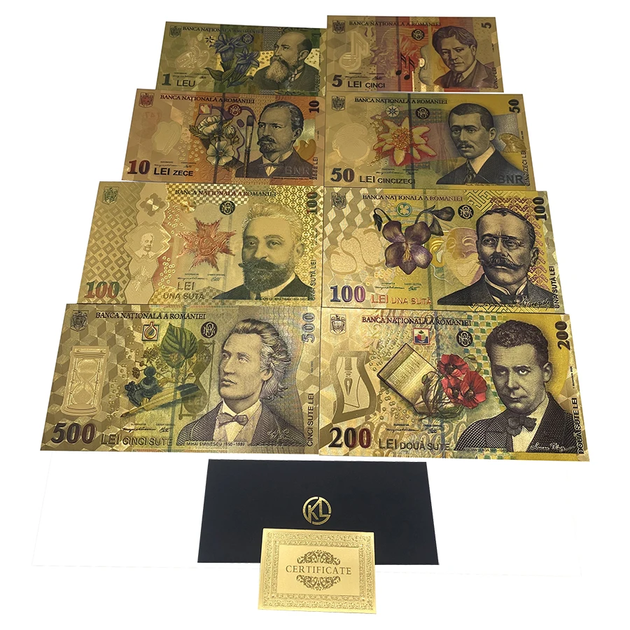 Повече на дизайна на румънските златни банкноти, деноминирани 1, 5, 10, 50, 100, 200, 500 lei за бизнес подаръци и колекции