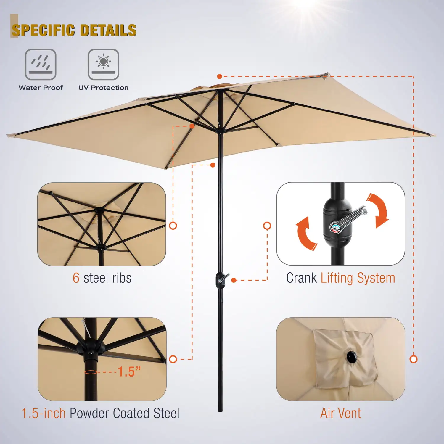 Правоъгълен чадър за двор MF Studio 10 x 6,6 фута, уличен пазар чадър с 6 стоманени бомбетата и дръжка, бежов