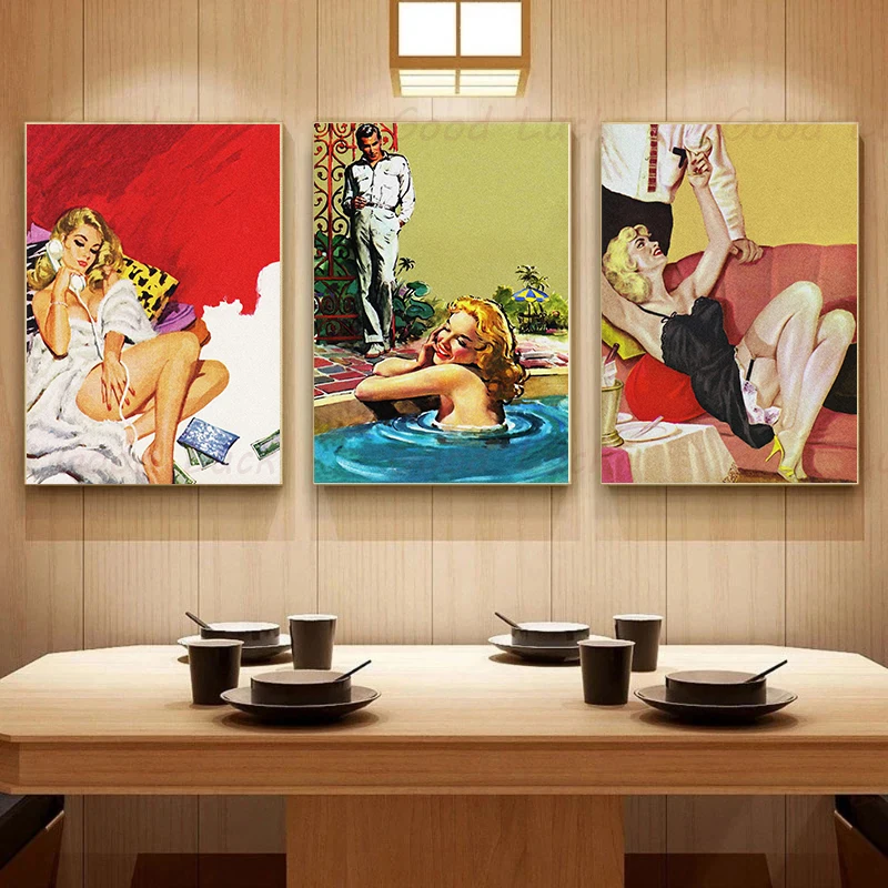 Реколта плакати с образа на момичета на корицата от целулоза, красива Секси момиче Канвас, живопис върху платно и щампи, стенно изкуство за декора на стените на бара