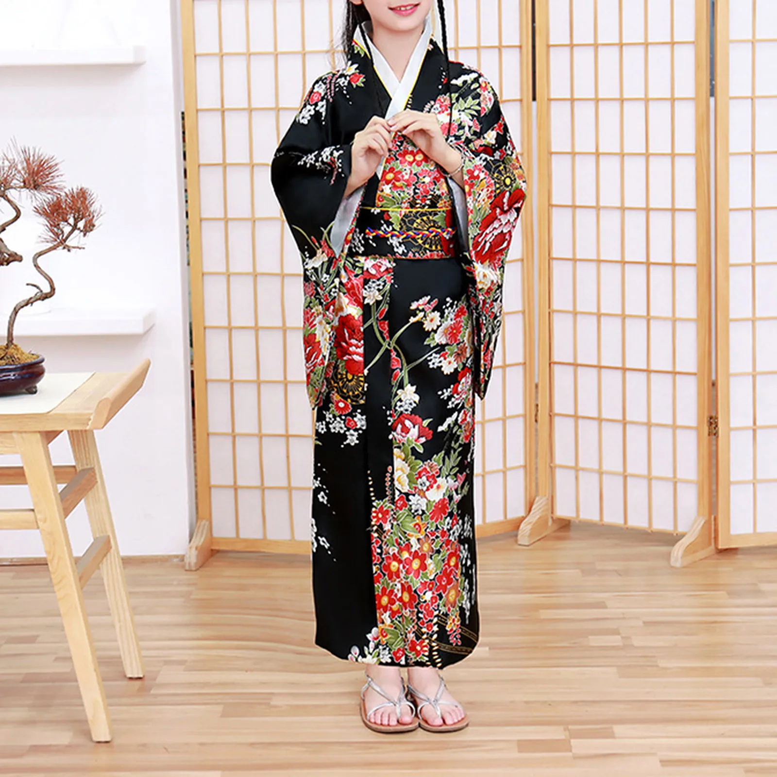 Свободен стил, Японското атласное Винтажное рокля с принтом, Дрехи за деца, Дрехи за малките момичета, Кимоно, Халат за баня, Японски традиционен костюм
