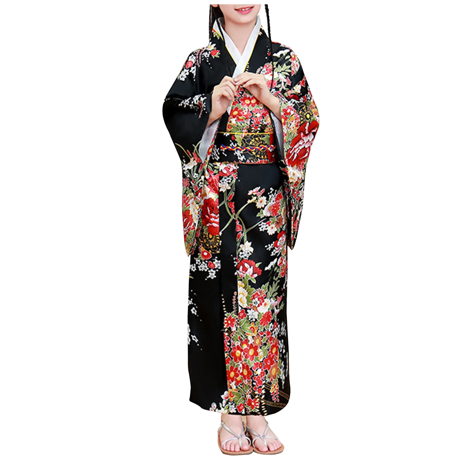 Свободен стил, Японското атласное Винтажное рокля с принтом, Дрехи за деца, Дрехи за малките момичета, Кимоно, Халат за баня, Японски традиционен костюм