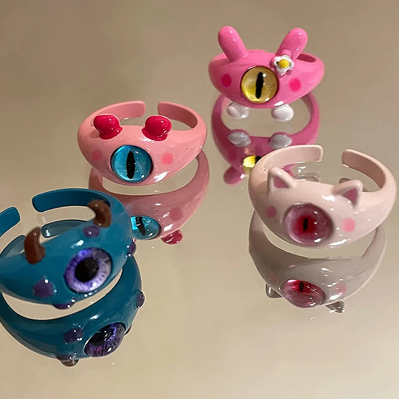 Сладък Cartoony Розово Котка, Откриващи Пръстени от Уроки за Жени 2023, Harajuku, Цветни Дяволски Очи, Пръстен, Уникален Пръст, Y2k, Бижута, Вечерни