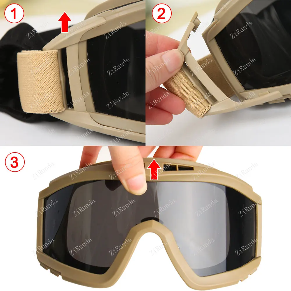 Тактически очила за еърсофт оръжия с 3 лещи, ветроупорен прахозащитен Очила за стрелба по мотокрос, мотоциклу, планинско катерене, CS Сигурна защита
